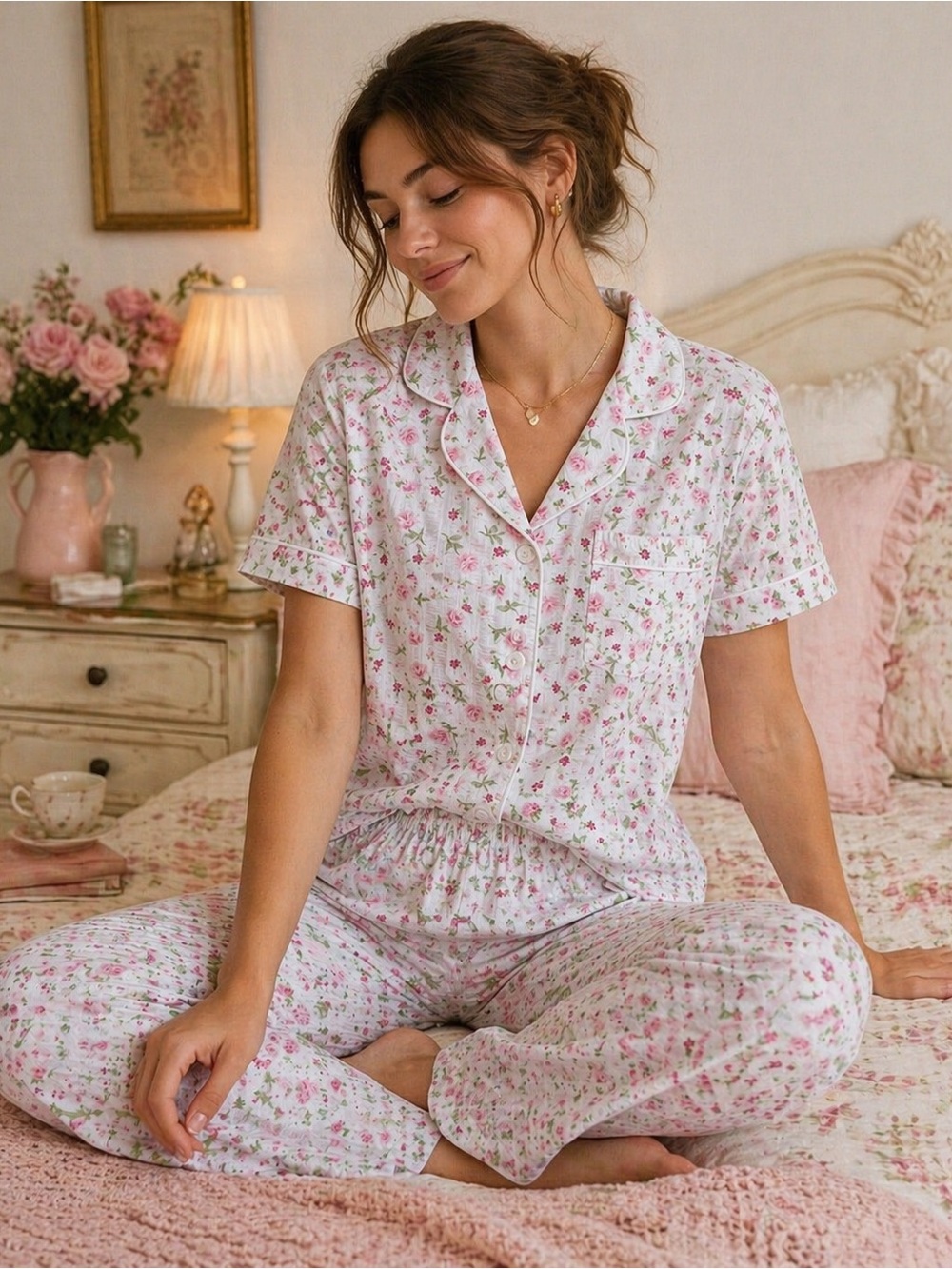 Cottagecore Seersucker Floral Pajama Set Medium Pink Rose Coquette Soft Girl NEW